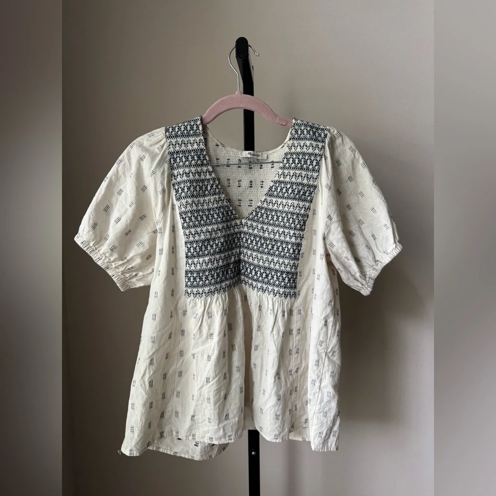 Madewell Cream and Black Textured peasent blouse